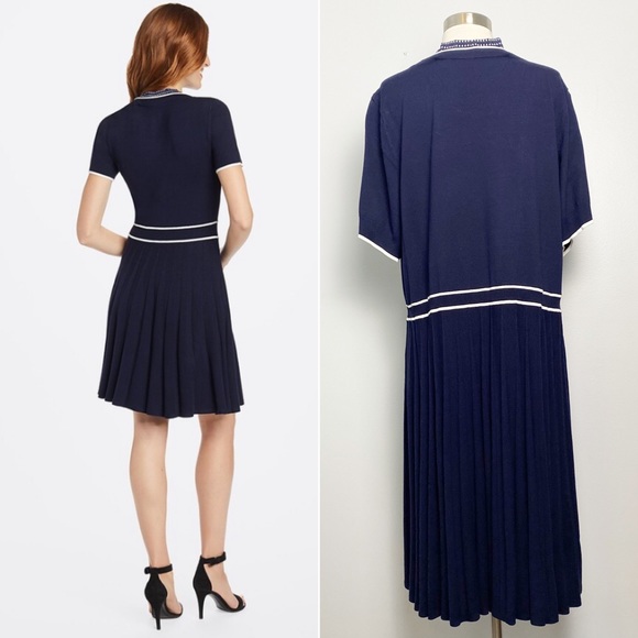 NWT Draper James Dots Bowtie Neck Navy Blue Pleated Sweater Knit Dress Womens 3X - Picture 9 of 14